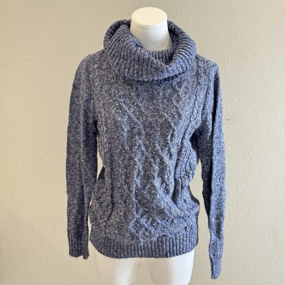 New Westport 1962 Denim Blue Cotton Acrylic Beaded Funnel Neck Sweater Sz Small